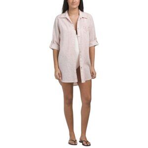 ROSEMARINE Made In Italy Linen Blend Roll Tab Sleeve Rose Applique Cover-up Shir